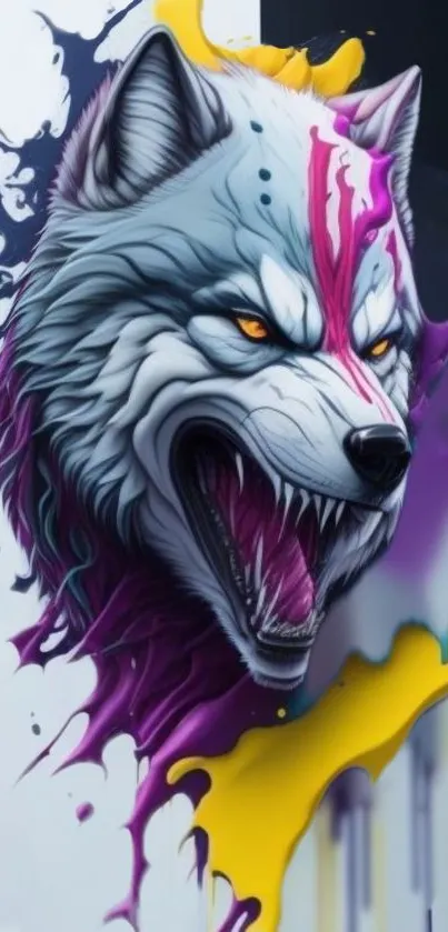 White and colorful vibrant wolf head art on a mobile wallpaper.