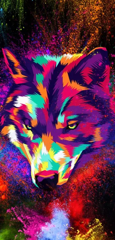 Vibrant, colorful wolf face in abstract art style with dynamic color burst.