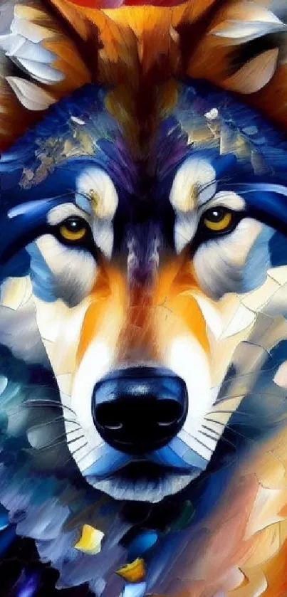 Colorful wolf painting with vibrant blend of orange, blue, and brown hues.