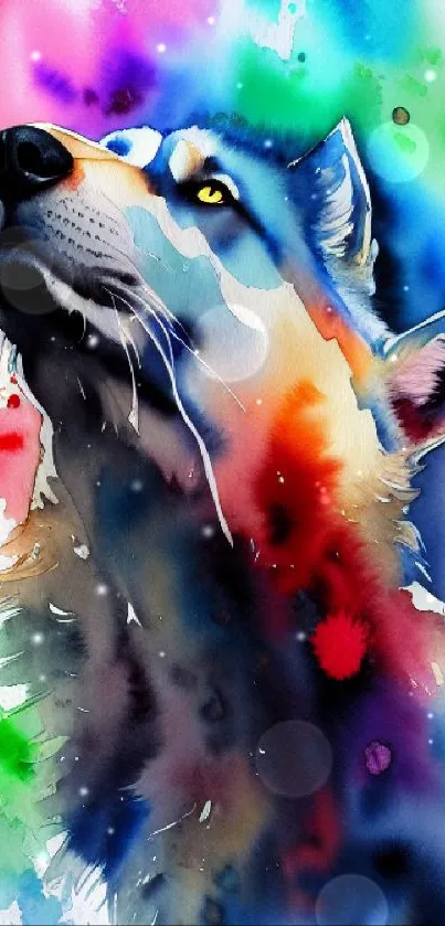 Vibrant watercolor wolf painting with colorful splashes.