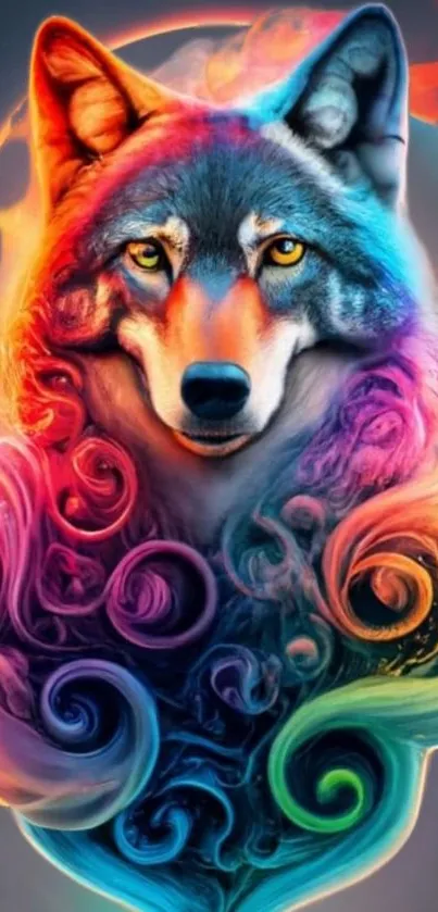 Vibrant multicolored artistic wolf wallpaper featuring psychedelic swirls.