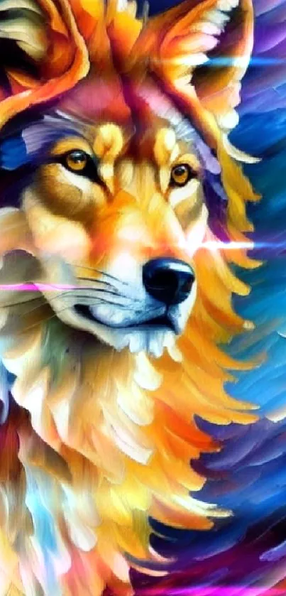 Colorful wolf painting with dynamic brush strokes and vibrant hues.