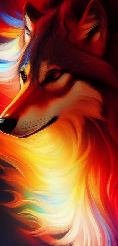 Vibrant and colorful wolf illustration in digital art style for phone wallpaper.