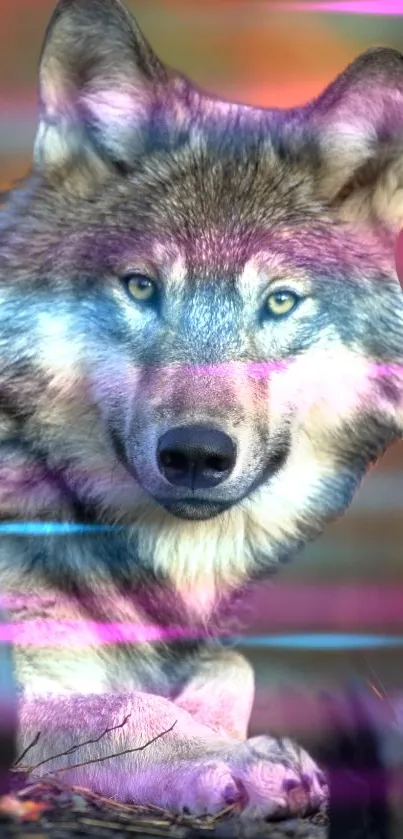 A vibrant wolf with colorful abstract art elements.