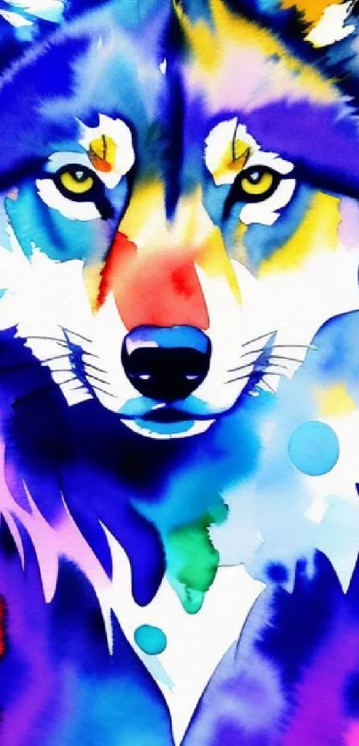 Colorful watercolor wolf art on mobile wallpaper.