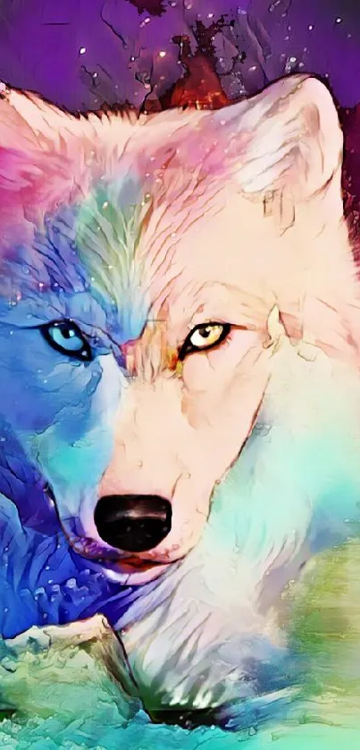 Vibrant abstract wolf in colorful hues on phone wallpaper.