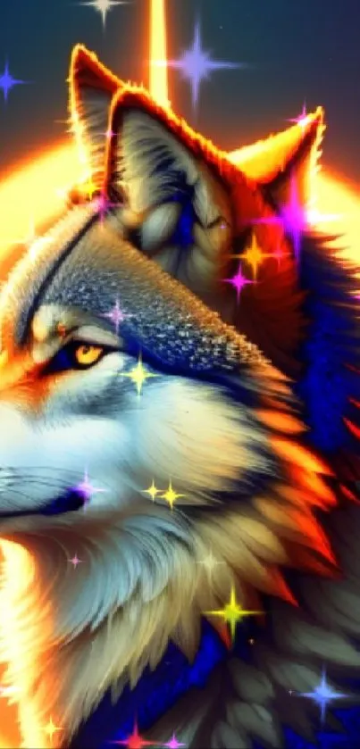 Vibrant digital artwork of a wolf with an orange glow background.