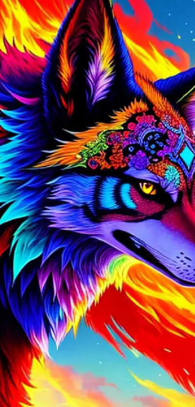 A vibrant, artistic wolf with colorful fur and flaming background.