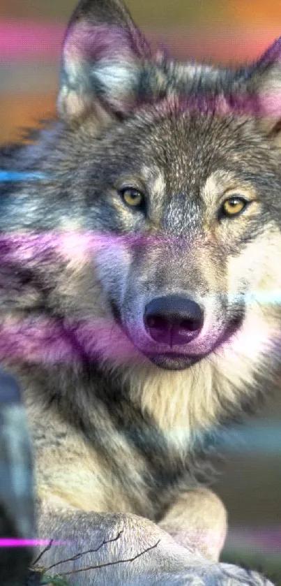 Captivating wolf with neon streaks in a forest, perfect for nature lovers.