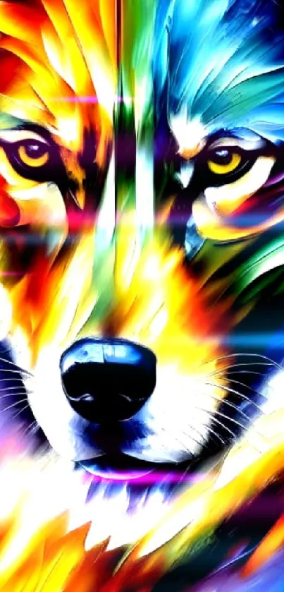 Vibrant and colorful wolf art wallpaper design.