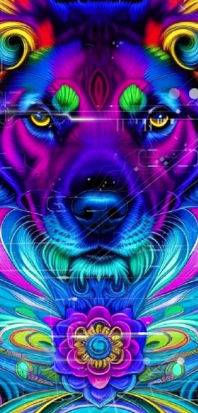 Vibrant neon wolf artwork with intricate patterns and bold colors.