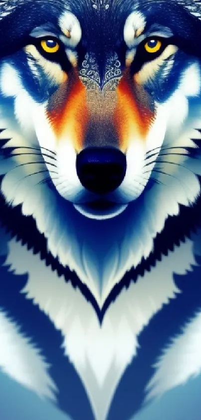 Vibrant digital wolf art with piercing eyes and bold colors for phone wallpaper.