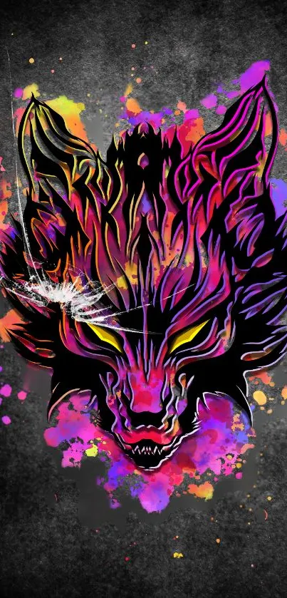 Vibrant neon wolf with colorful splashes on dark wallpaper.