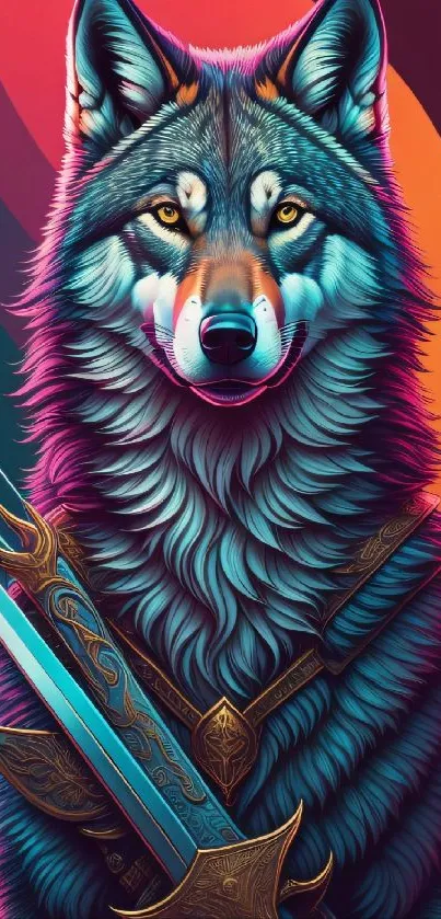 Vibrant wolf digital artwork with sword.