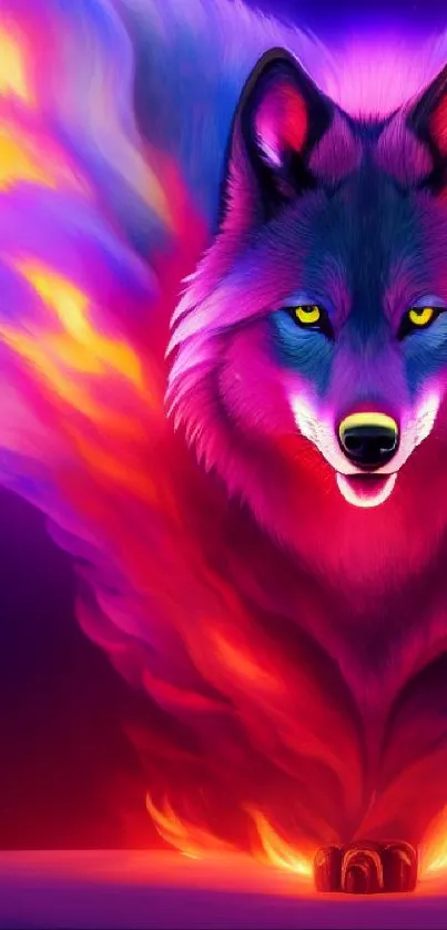 Vibrant wolf with fiery wings in colorful art design.