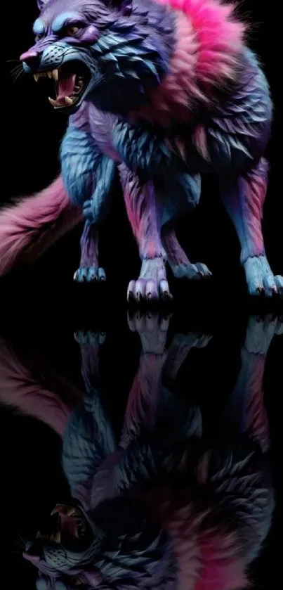 Vibrant wolf artwork on a black background with colorful hues.