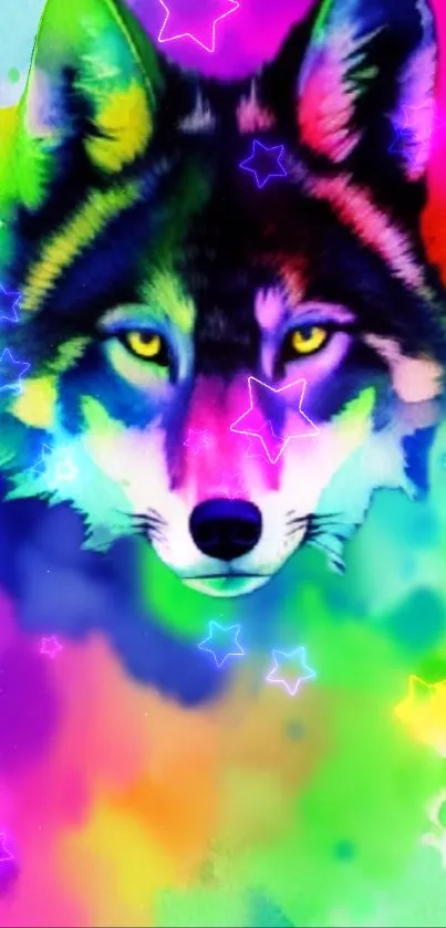 Vibrant neon-colored wolf art wallpaper with a starry effect.