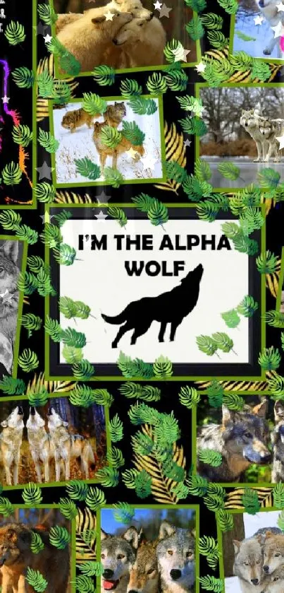 Vibrant wolf collage with green leaves and quotes.