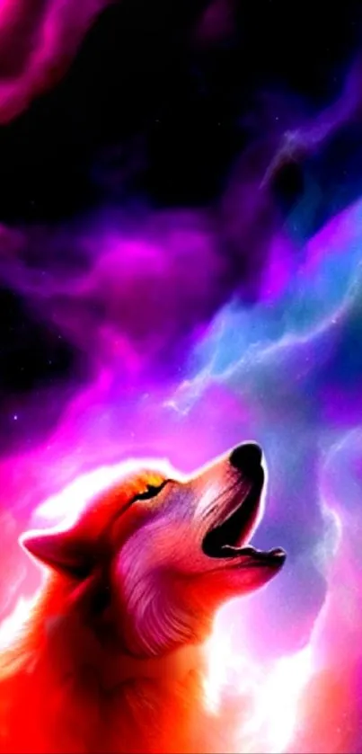 Colorful cosmic wolf art with vibrant purple hues.