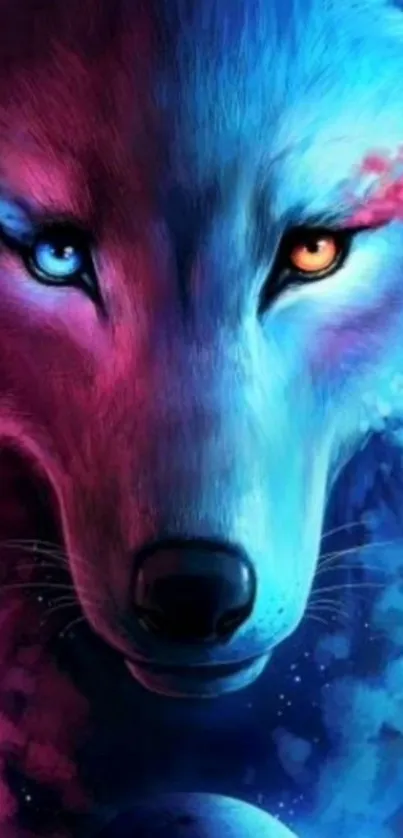 Vibrant and colorful cosmic wolf artwork as a mobile wallpaper.