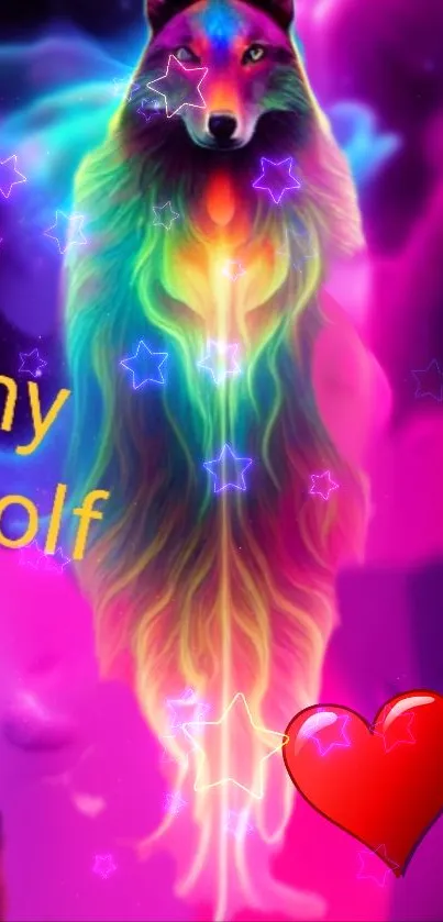 Vibrant wolf art with stars and colors on a purple cosmic background.