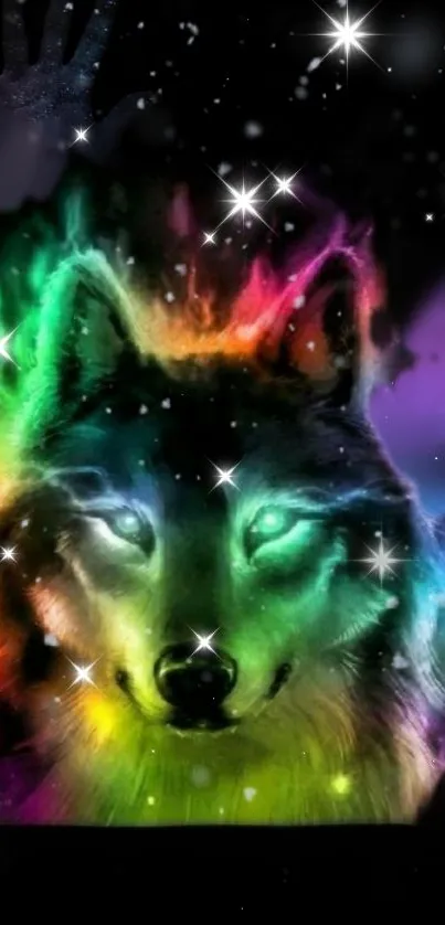 Vibrant cosmic wolf with colorful aura set against a starry black background.