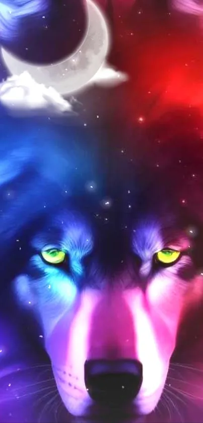 Vibrant wolf face with cosmic background, crescent moon, and colorful hues.