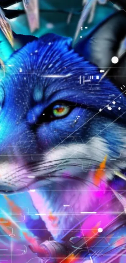 Vibrant digital art of a blue wolf with neon highlights.