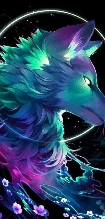 Colorful digital art of a glowing wolf with a vibrant teal theme.