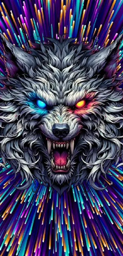 Vibrant wolf face with neon colors on phone wallpaper.