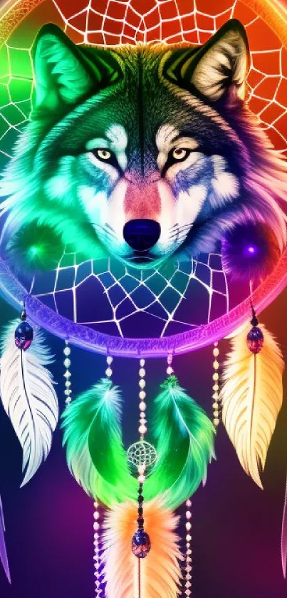 Colorful wolf dreamcatcher wallpaper design.