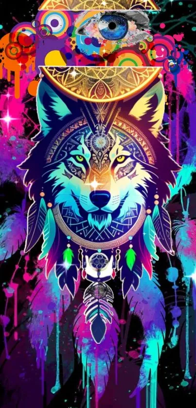 Colorful wolf dreamcatcher mobile wallpaper with vibrant, abstract design.