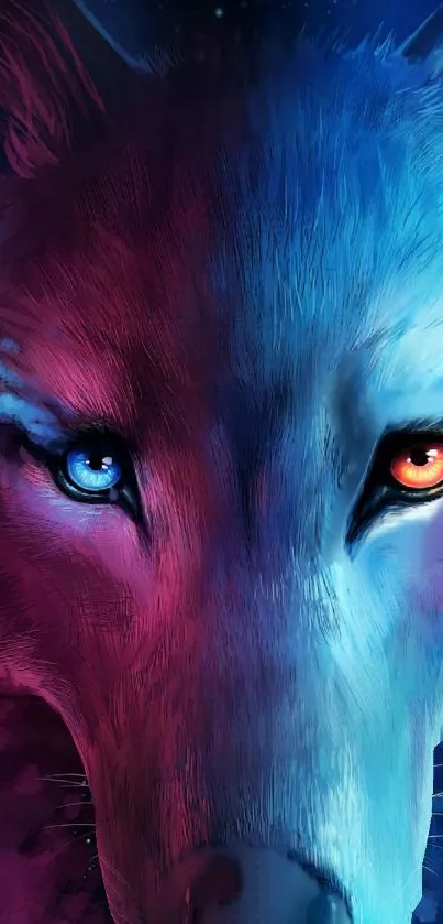 Vibrant wolf with dual-colored eyes in red and blue hues.