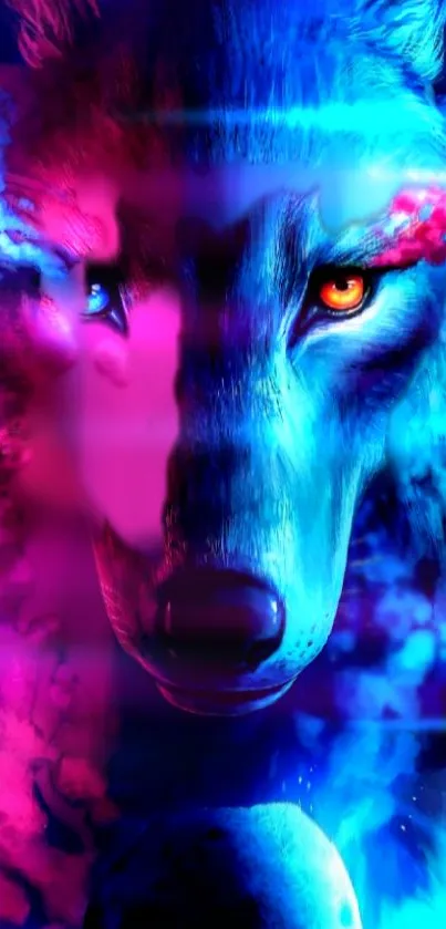 Neon blue and pink wolf design wallpaper with vibrant dual tones.