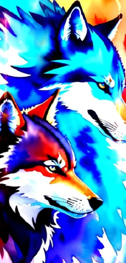 Two vibrant wolves in blue and red on a mobile wallpaper.