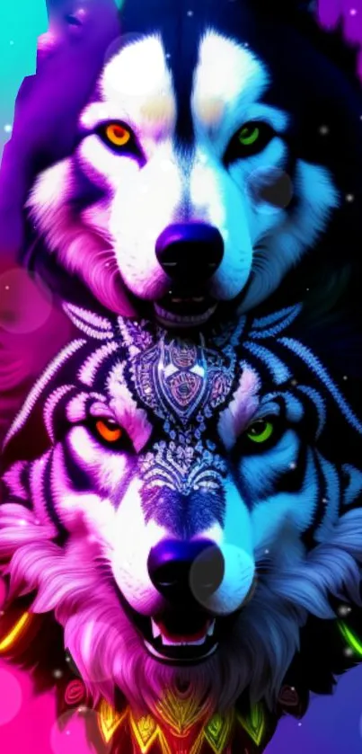 Two neon wolves in vibrant colors for a dynamic mobile wallpaper.