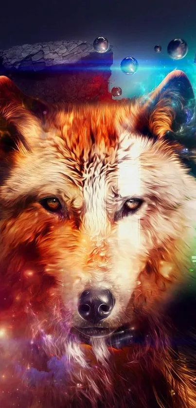 A vibrant, surreal wolf artwork blends vivid colors and mystical elements.