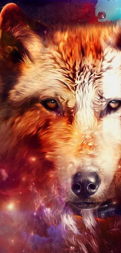 Vibrant fantasy art of a wolf with cosmic elements.