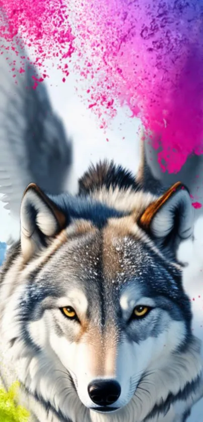 Vibrant winged wolf with colorful splashes on a snowy background.