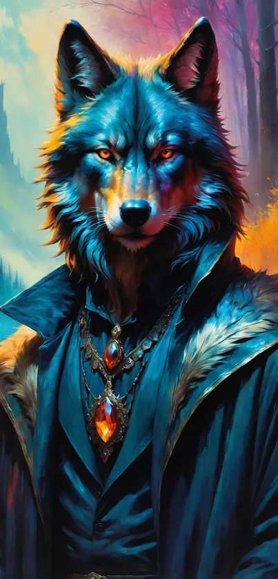 Vibrant fantasy wolf in colorful attire.