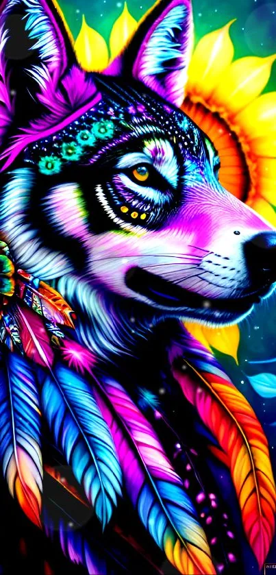 Vibrant fantasy wolf with colorful feathers and sunflower backdrop.