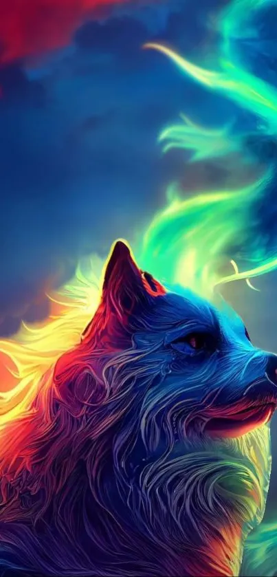 Vibrant wolf with glowing fur in a colorful fantasy scene.