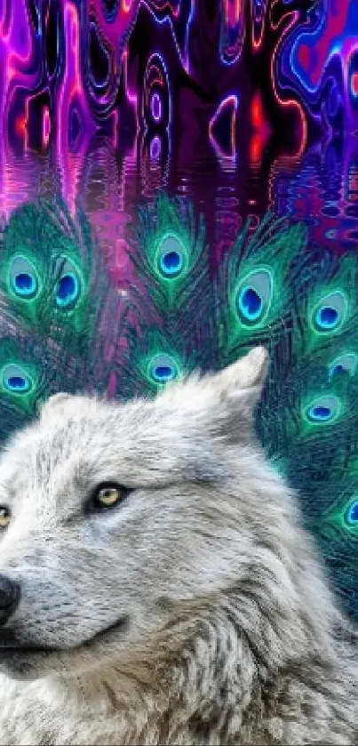 Fantasy wolf with peacock feathers and cosmic background wallpaper.