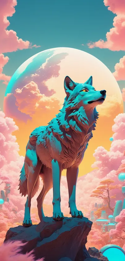 Vibrant wolf standing beneath a glowing moon in a surreal fantasy landscape.