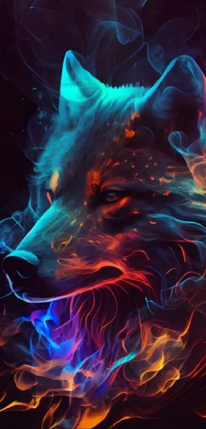 Vibrant wolf surrounded by colorful flames in mobile wallpaper art.