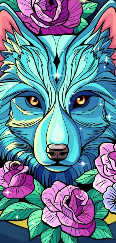 Vibrant cyan wolf with colorful floral background on phone wallpaper.