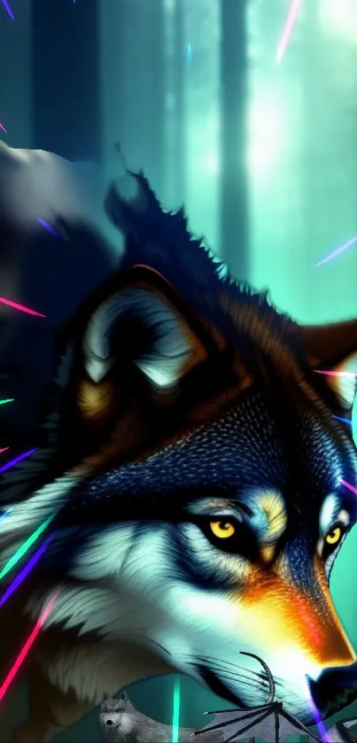 Majestic wolf in a vibrant, teal-lit forest with colorful light streaks.