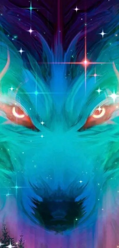 Vibrant cosmic wolf with teal, pink hues inside a galaxy background.