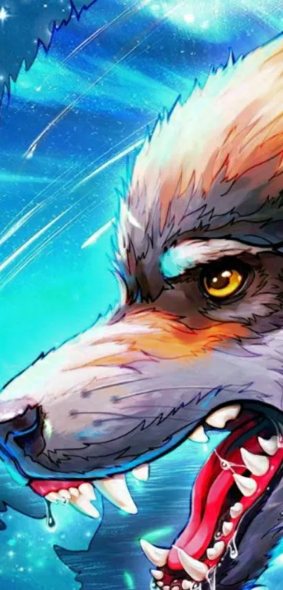 Vibrant galaxy-themed wolf art wallpaper with striking colors.