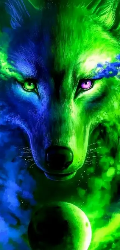 Electric green wolf in cosmic galaxy background wallpaper.